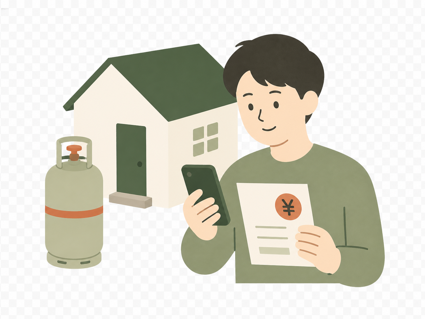スマートフォンでLPガス料金を確認する戸建て住宅の利用者のイラスト